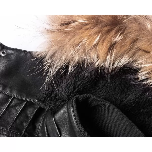 chouyatou Womens Winter Detachable Fur Hooded Sherpa Lined Quilted Pu Leather Biker JacketBlack