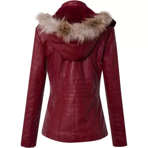 chouyatou Womens Winter Detachable Fur Hooded Sherpa Lined Quilted Pu Leather Biker JacketWine