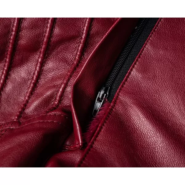 chouyatou Womens Winter Detachable Fur Hooded Sherpa Lined Quilted Pu Leather Biker JacketWine