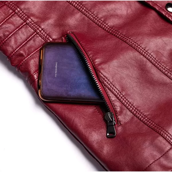 chouyatou Womens Winter Detachable Fur Hooded Sherpa Lined Quilted Pu Leather Biker JacketWine