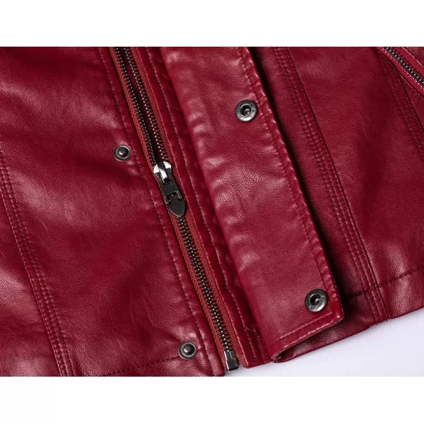chouyatou Womens Winter Detachable Fur Hooded Sherpa Lined Quilted Pu Leather Biker JacketWine