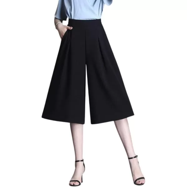 chouyatou Womens Chiffon Wide Leg Dressy Capri Pants High Elastic Waist Casual Bermuda Shorts CulottesBlack Capri