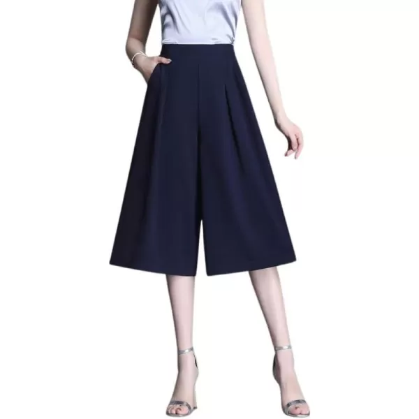 chouyatou Womens Chiffon Wide Leg Dressy Capri Pants High Elastic Waist Casual Bermuda Shorts CulottesNavy Capri