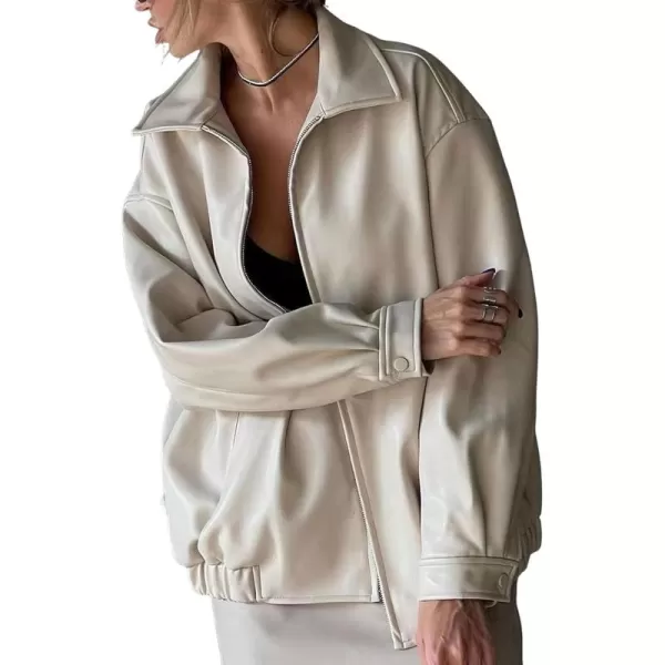 chouyatou Womens Fall Oversized Zip Faux Leather Bomber Jacket Shacket Boyfriend Motocycle JacketBeige