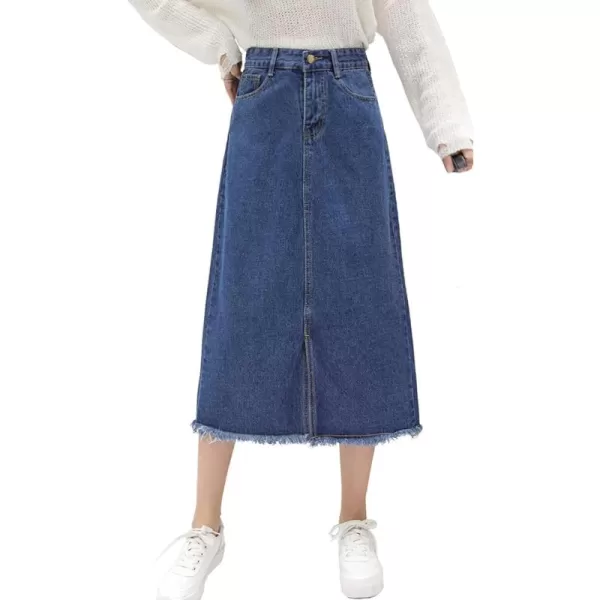 chouyatou Womens MidCalf Frayed Raw Hem Front Slit ALine Midi Denim Jean SkirtDark Blue