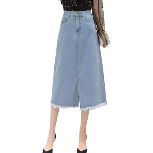 chouyatou Womens MidCalf Frayed Raw Hem Front Slit ALine Midi Denim Jean SkirtLight Blue