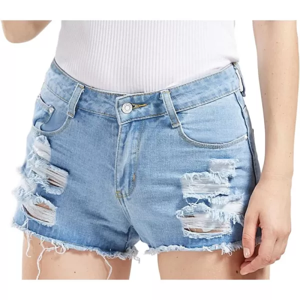 chouyatou Womens Perfectly Fit 5Pockets Ripped Denim Jean ShortsLblue