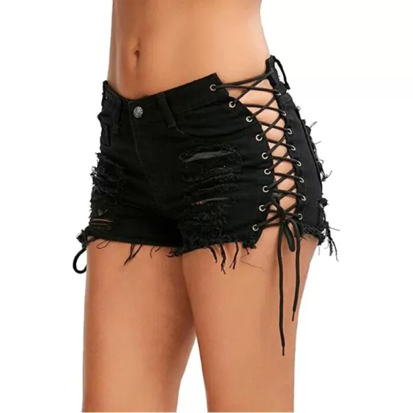 chouyatou Womens Sexy Ripped Hole Clubwear Side Lace Up Mini Denim Jean ShortsBlack
