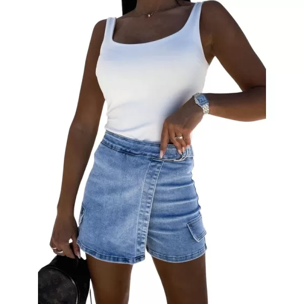 chouyatou Womens Summer Casual Belted Denim Shorts High Waisted Cargo Jean Shorts SkortsBlue