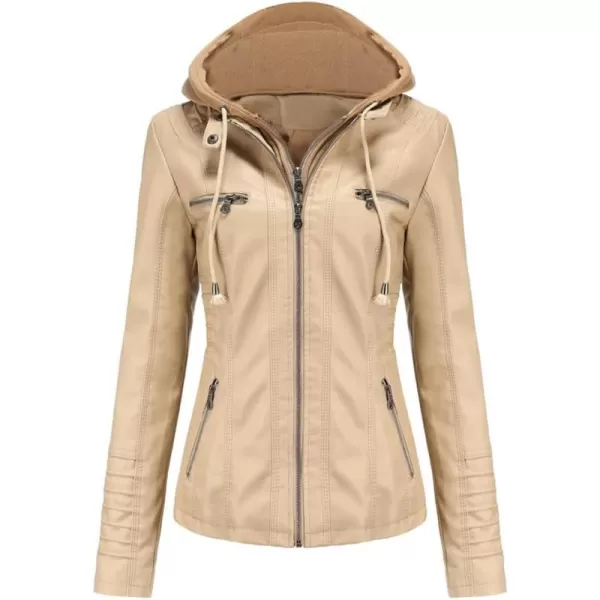 chouyatou Womens Vintage Long Sleeve Zip Up Hooded PU Washed Faux Leather Jacket CoatApricot