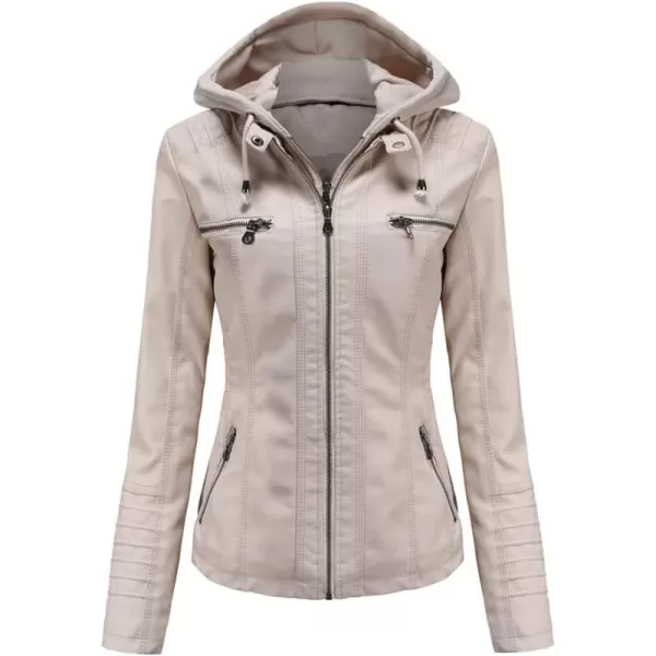 chouyatou Womens Vintage Long Sleeve Zip Up Hooded PU Washed Faux Leather Jacket CoatBeige
