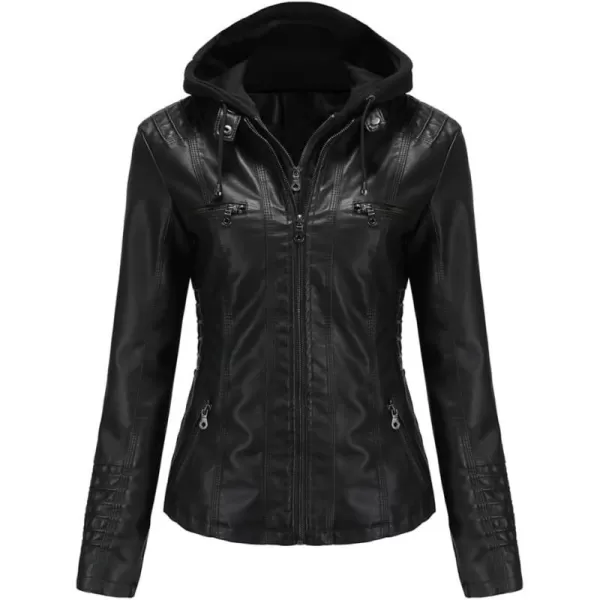 chouyatou Womens Vintage Long Sleeve Zip Up Hooded PU Washed Faux Leather Jacket CoatBlack