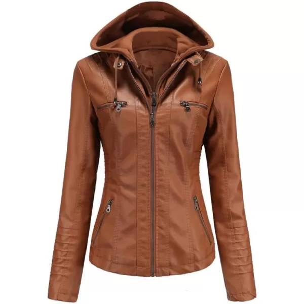 chouyatou Womens Vintage Long Sleeve Zip Up Hooded PU Washed Faux Leather Jacket CoatCamel