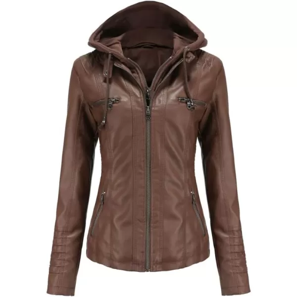 chouyatou Womens Vintage Long Sleeve Zip Up Hooded PU Washed Faux Leather Jacket CoatCoffee
