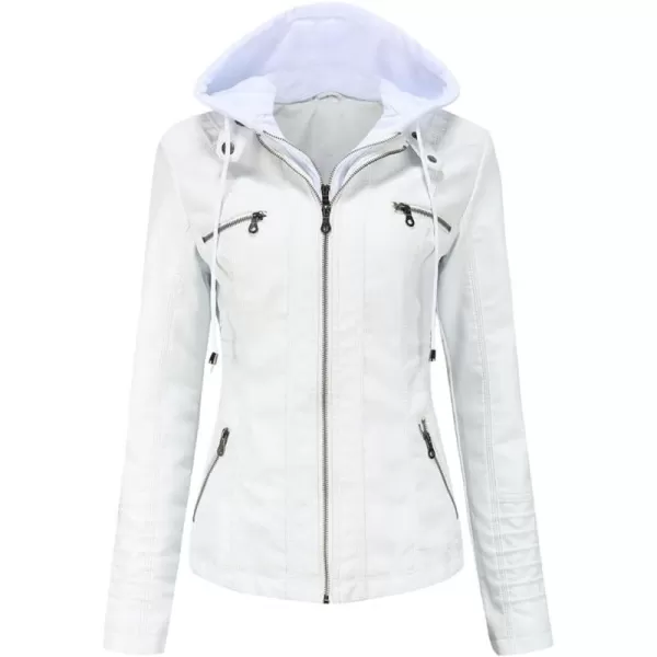 chouyatou Womens Vintage Long Sleeve Zip Up Hooded PU Washed Faux Leather Jacket CoatWhite