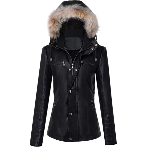 chouyatou Womens Winter Detachable Fur Hooded Sherpa Lined Quilted Pu Leather Biker JacketBlack