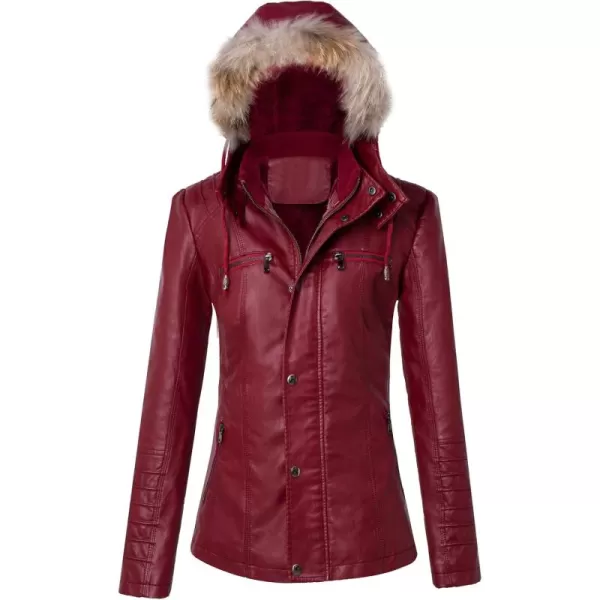 chouyatou Womens Winter Detachable Fur Hooded Sherpa Lined Quilted Pu Leather Biker JacketWine