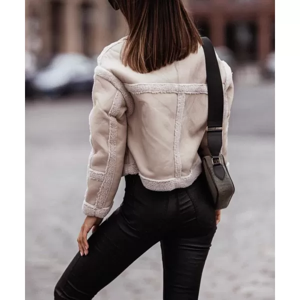 chouyatou Womens Open Front Faux Leather Sherpa Fleece Spliced Cropped Jacket Coat OuterwearBeige