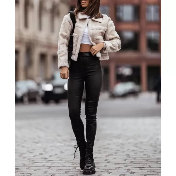 chouyatou Womens Open Front Faux Leather Sherpa Fleece Spliced Cropped Jacket Coat OuterwearBeige