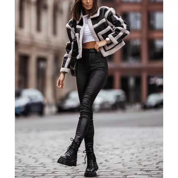 chouyatou Womens Open Front Faux Leather Sherpa Fleece Spliced Cropped Jacket Coat OuterwearBlack