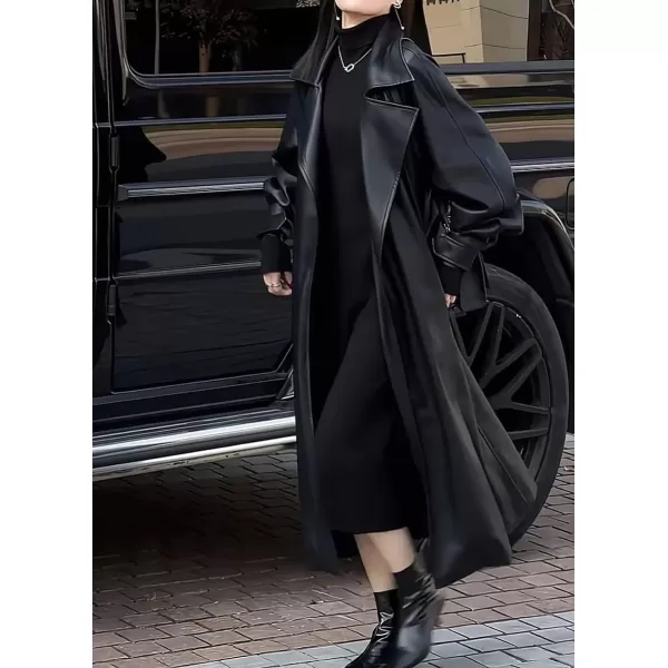 chouyatou Womens Winter Oversized Open Front Trench Coat Motorcycle Faux Leather Jacket CoatBlack