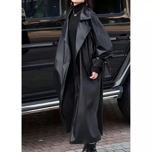 chouyatou Womens Winter Oversized Open Front Trench Coat Motorcycle Faux Leather Jacket CoatBlack