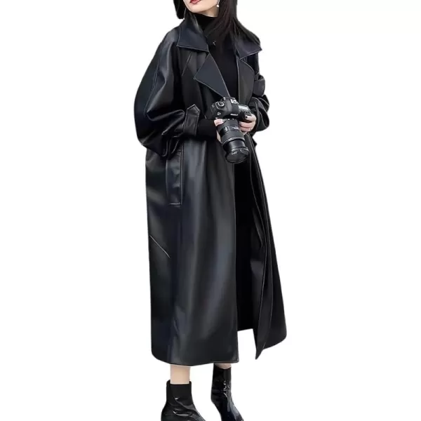 chouyatou Womens Winter Oversized Open Front Trench Coat Motorcycle Faux Leather Jacket CoatBlack