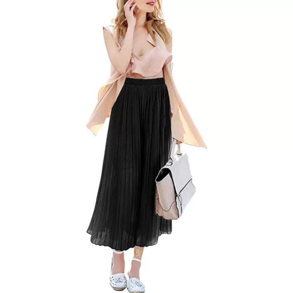 chouyatou Womens Elastic Waist ALine Pleated Chiffon Cropped Wide Leg Pants CulottesBlack
