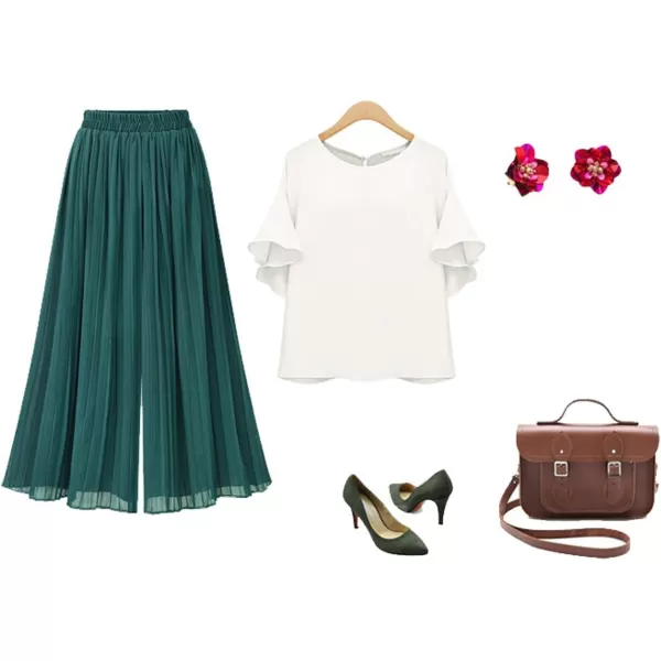 chouyatou Womens Elastic Waist ALine Pleated Chiffon Cropped Wide Leg Pants CulottesGreen