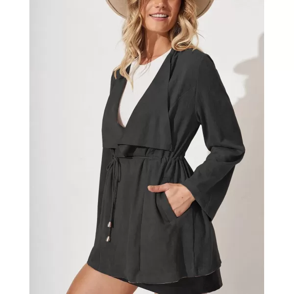 chouyatou Womens Elegant Open Front Drawstring Waist Faux Suede Leather Peplum JacketBlack