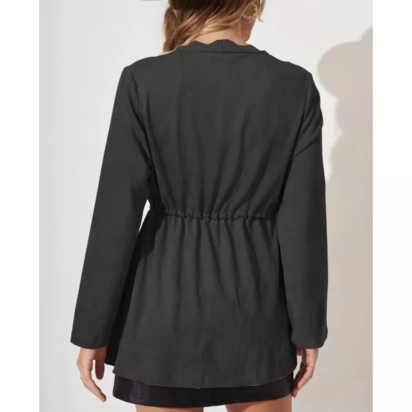 chouyatou Womens Elegant Open Front Drawstring Waist Faux Suede Leather Peplum JacketBlack