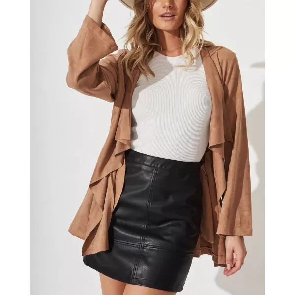 chouyatou Womens Elegant Open Front Drawstring Waist Faux Suede Leather Peplum JacketLight Brown