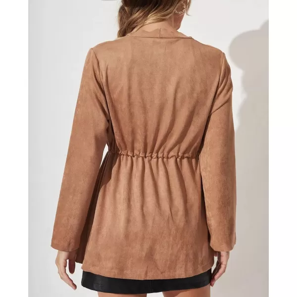 chouyatou Womens Elegant Open Front Drawstring Waist Faux Suede Leather Peplum JacketLight Brown