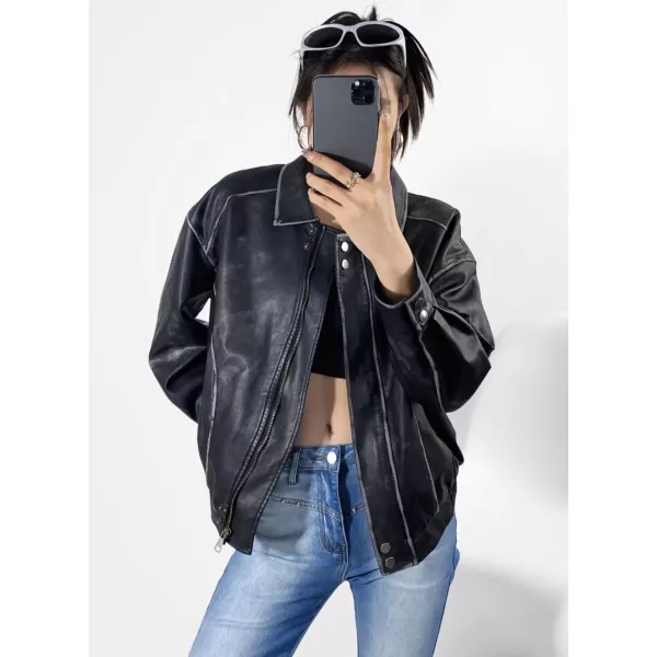 chouyatou Womens Fall Distressed Faux Leather Bomber Jacket Motorcycle Oversized Leather JacketBlack