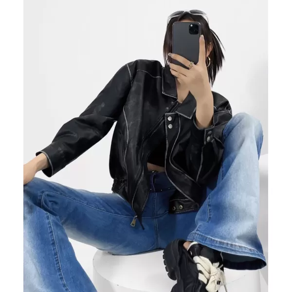 chouyatou Womens Fall Distressed Faux Leather Bomber Jacket Motorcycle Oversized Leather JacketBlack