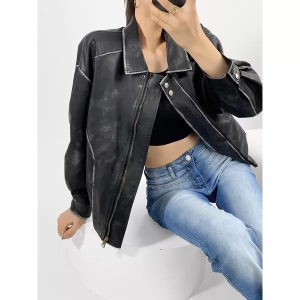chouyatou Womens Fall Distressed Faux Leather Bomber Jacket Motorcycle Oversized Leather JacketBlack