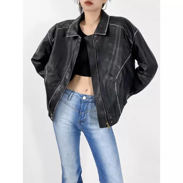 chouyatou Womens Fall Distressed Faux Leather Bomber Jacket Motorcycle Oversized Leather JacketBlack