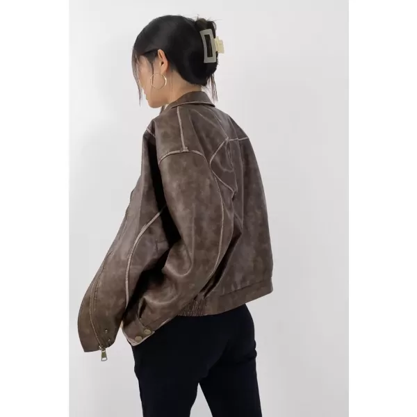 chouyatou Womens Fall Distressed Faux Leather Bomber Jacket Motorcycle Oversized Leather JacketBrown
