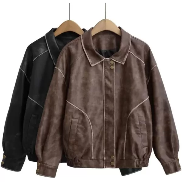 chouyatou Womens Fall Distressed Faux Leather Bomber Jacket Motorcycle Oversized Leather JacketBrown