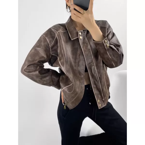 chouyatou Womens Fall Distressed Faux Leather Bomber Jacket Motorcycle Oversized Leather JacketBrown