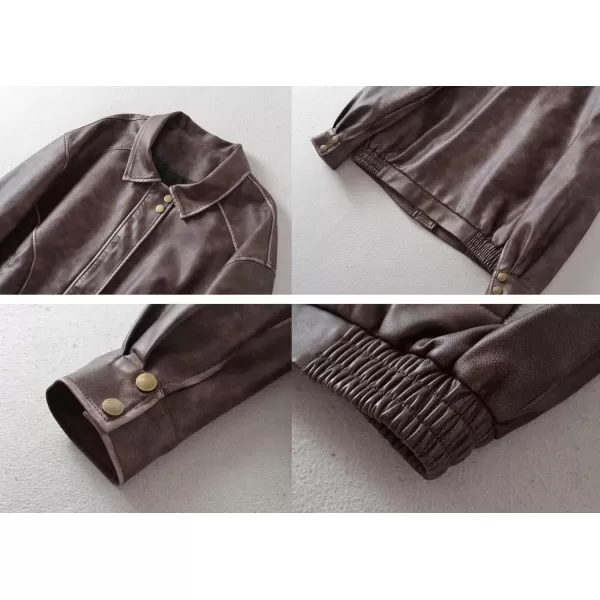 chouyatou Womens Fall Distressed Faux Leather Bomber Jacket Motorcycle Oversized Leather JacketBrown