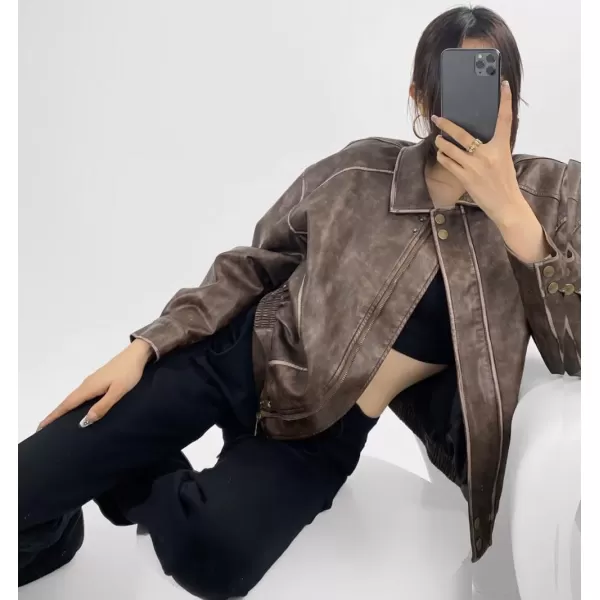 chouyatou Womens Fall Distressed Faux Leather Bomber Jacket Motorcycle Oversized Leather JacketBrown