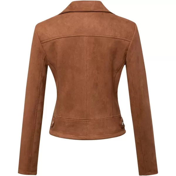 chouyatou Womens Fashion Notched Collar Slim Suede Leather Short Biker JacketBrown