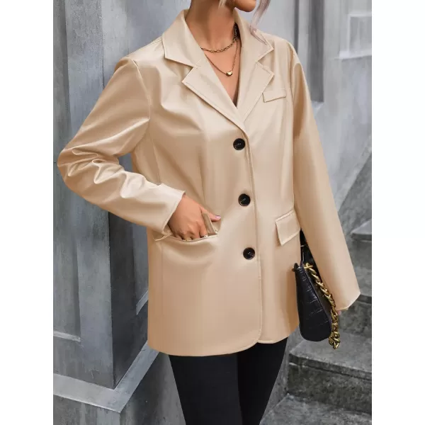 chouyatou Womens Notched Lapel Pu Faux Leather Blazer Jacket Office Work Pu Leather Outerwear CoatApricot