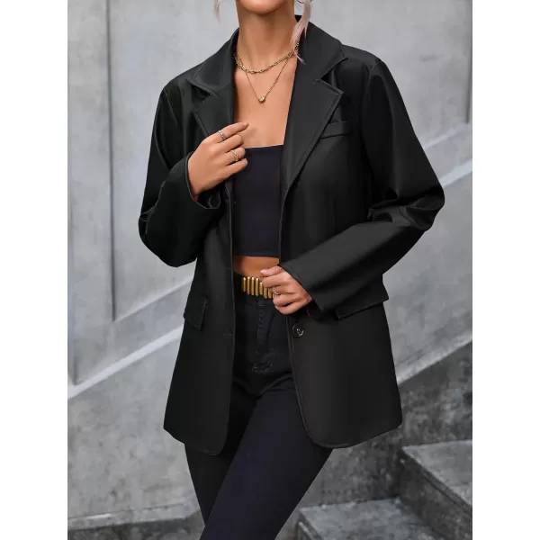 chouyatou Womens Notched Lapel Pu Faux Leather Blazer Jacket Office Work Pu Leather Outerwear CoatBlack