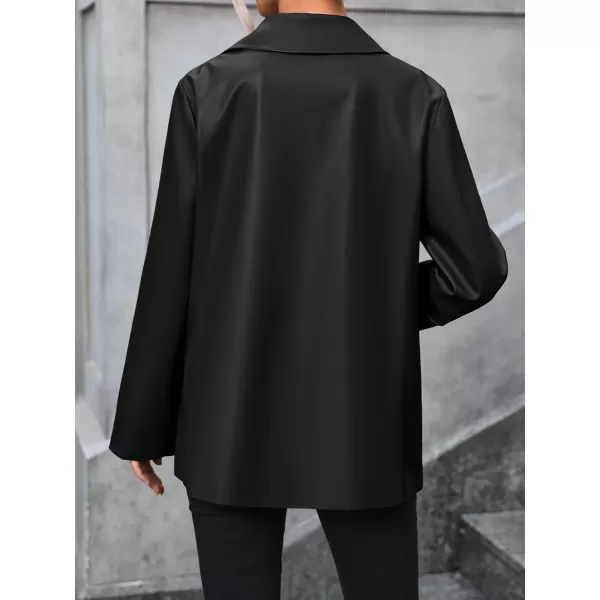 chouyatou Womens Notched Lapel Pu Faux Leather Blazer Jacket Office Work Pu Leather Outerwear CoatBlack