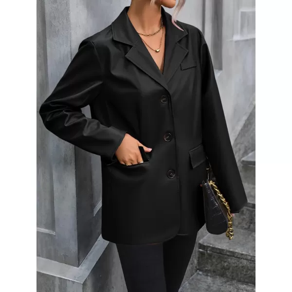 chouyatou Womens Notched Lapel Pu Faux Leather Blazer Jacket Office Work Pu Leather Outerwear CoatBlack
