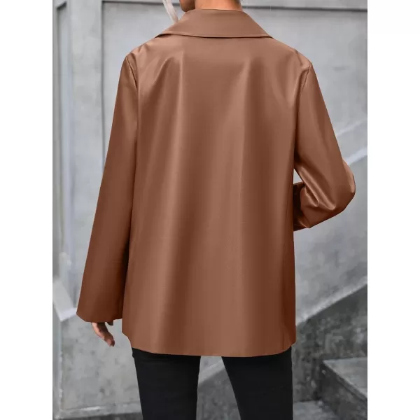 chouyatou Womens Notched Lapel Pu Faux Leather Blazer Jacket Office Work Pu Leather Outerwear CoatBrown