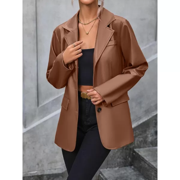 chouyatou Womens Notched Lapel Pu Faux Leather Blazer Jacket Office Work Pu Leather Outerwear CoatBrown