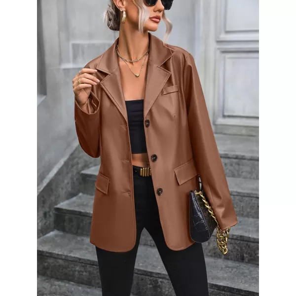 chouyatou Womens Notched Lapel Pu Faux Leather Blazer Jacket Office Work Pu Leather Outerwear CoatBrown